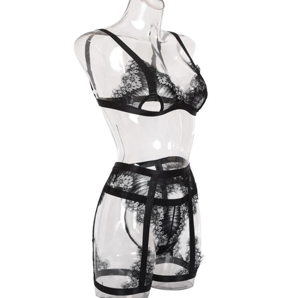 La Belle Fantastique Satin And Eyelash Lace With Garter Belt And G-String (3 Piece Set)