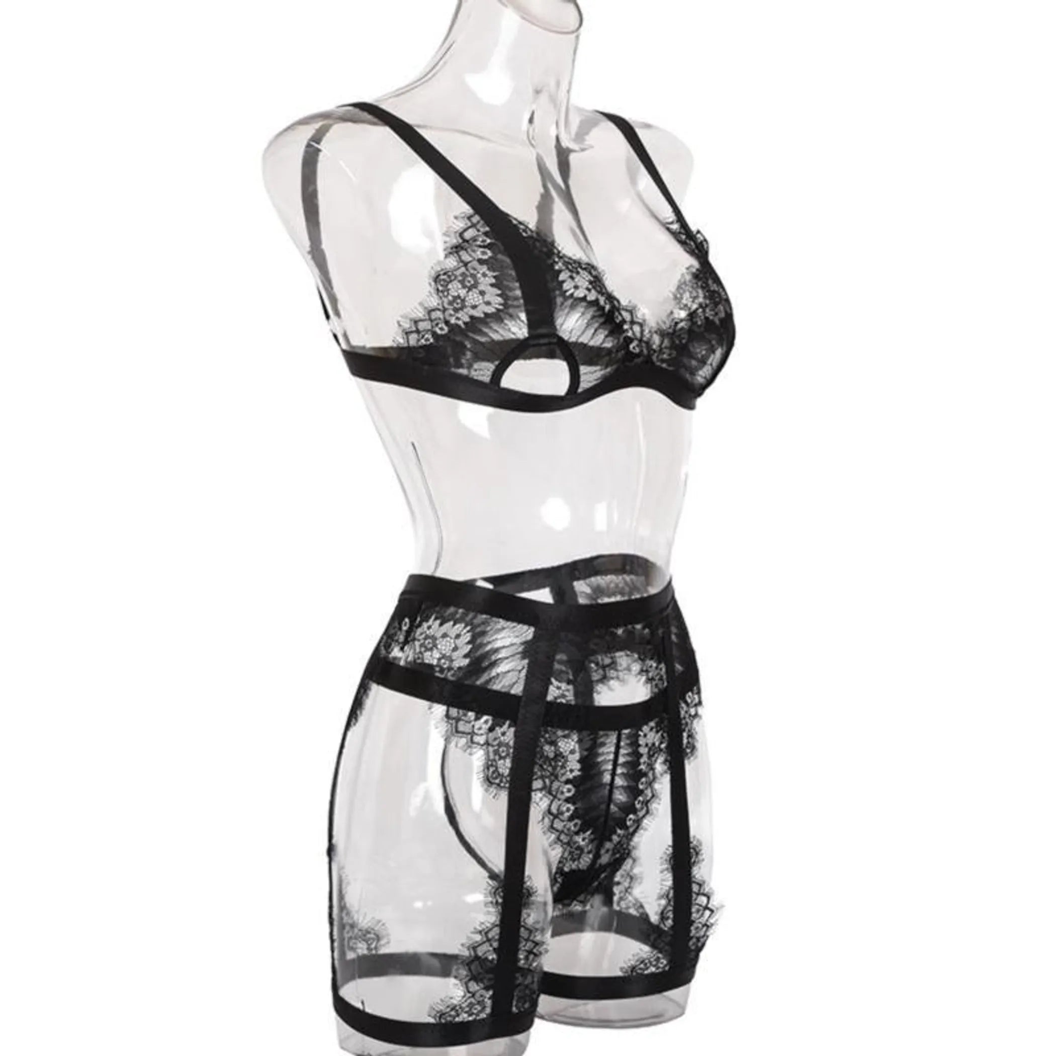 La Belle Fantastique Satin And Eyelash Lace With Garter Belt And G-String (3 Piece Set)