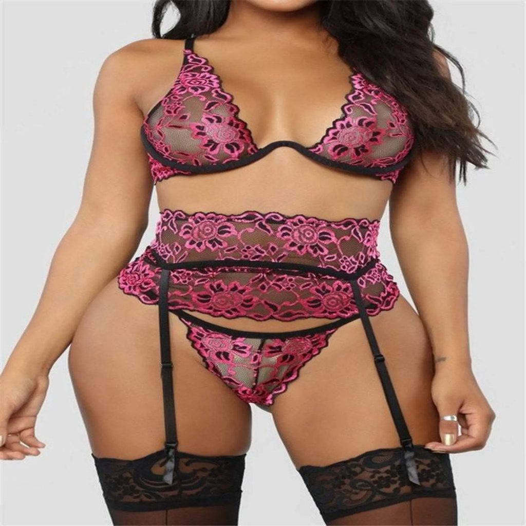 La Belle Fantastique Sexy Lingerie  Bra + Garter Belt + Sheer See Through Panties - Bridal Lingerie (3 Piece Set)